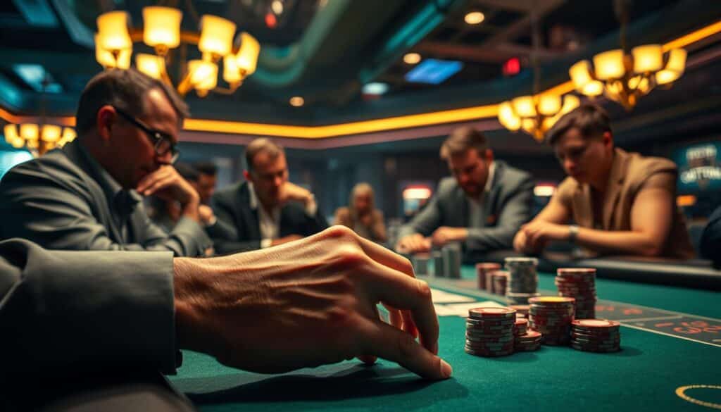 A dimly lit casino table, the green felt surface reflecting the warm glow of overhead lamps. Experienced players lean in, intently observing their opponents' every move, searching for the slightest tells. Chips stack high, the air thick with anticipation as the dealer deftly shuffles the cards. In the foreground, a player's hand rests on the table, fingers drumming rhythmically, a subtle sign of their internal calculations. The table's curved edge frames the scene, drawing the eye to the concentrating faces of the gamblers, each seeking an edge in the captivating game of Baccarat.