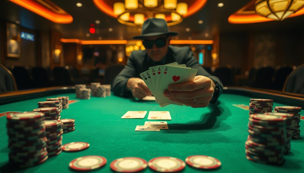 A dimly lit casino table, the green felt surface reflecting the warm glow of overhead lamps. Stacks of casino chips in various denominations are arranged in neat piles, strategically placed around the table. A player's hand holds a pair of cards, their face obscured, studying the patterns and flow of the game. The air is thick with anticipation, the sound of shuffling cards and the occasional clink of chips creating a hushed ambiance. The camera angle focuses on the player's hands, capturing the nuances of their card analysis, as they meticulously examine the "牌路分析" - the patterns and trends in the cards dealt, seeking to gain an edge in the game of baccarat.