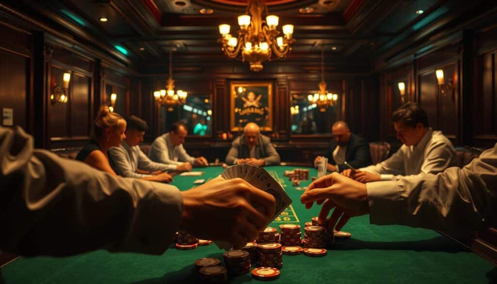 A dimly lit casino table, the green felt surface reflecting the warm glow of overhead lamps. In the foreground, a dealer's hands expertly shuffles a deck of cards, the sound of chips clinking as players make their bets. The middle ground reveals players intently focused, studying their cards and the unfolding game. In the background, the rich, wood-paneled walls and subtle chandeliers evoke an air of sophistication and tradition. The scene conveys the classic atmosphere of a baccarat game, where the basic rules of this time-honored casino favorite are poised to unfold.