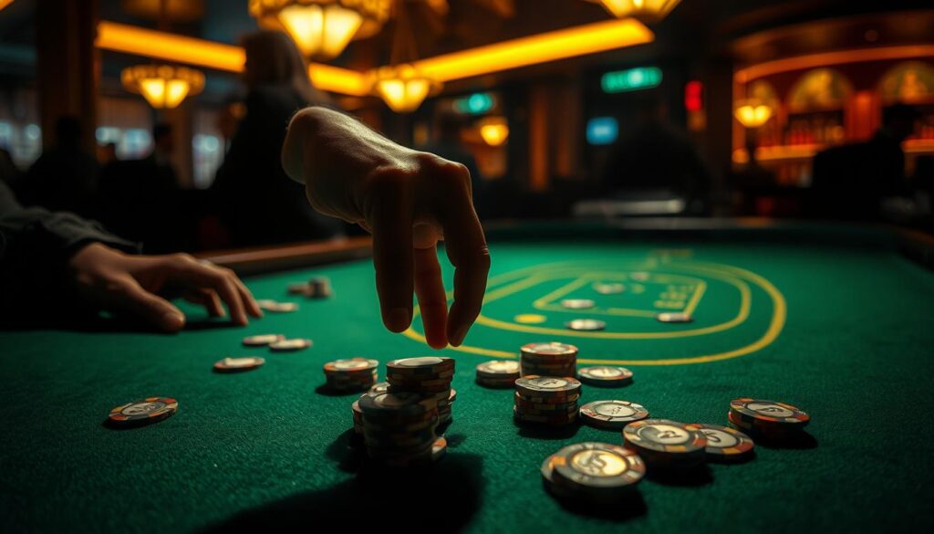 A dimly lit casino table, the green felt surface reflecting the warm glow of overhead lamps. On the table, casino chips in varying denominations are scattered, hinting at the high-stakes game in progress. A lone gambler's hand hovers over the chips, hesitating, weighing the risks of their next move. The atmosphere is tense, the air thick with the anticipation of potential ruin or riches. Shadows cast by the player's hand and the surrounding chips create a sense of depth and drama, emphasizing the gravity of the decision at hand. The background is blurred, focusing the viewer's attention on the precarious moment of the gambler's choice.