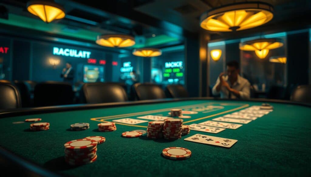 A dimly lit casino table, the green felt surface reflecting the warm glow of overhead lamps. On the table, casino chips in various denominations are strategically placed, representing the optimal betting positions for the game of Baccarat. The cards are dealt, each player's hand revealed, showcasing the tactical decision-making required to choose the best wagering direction - whether to bet on the Banker, the Player, or the Tie. The atmosphere is one of concentration and anticipation, as the players analyze the unfolding game and make their moves, guided by experience and intuition to maximize their chances of success.