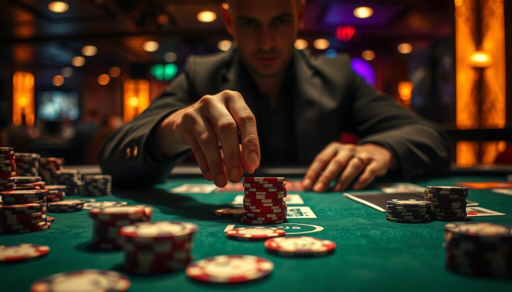 A dimly lit casino table, the green felt surface reflecting the warm glow of overhead lighting. Stacks of poker chips and playing cards are scattered across the table, hinting at the strategic nature of the game. In the foreground, a pair of hands carefully arranging the chips, meticulously managing the risks and rewards of each move. The background is blurred, drawing the viewer's attention to the central act of risk control, the focus and concentration evident in the player's expression. The scene conveys a sense of calculated precision, the player's mastery of the game's subtle intricacies. A masterful display of risk management in the dynamic world of baccarat.