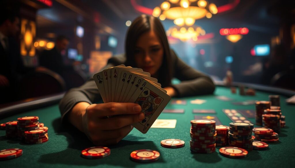 A dimly lit casino table, the green felt surface reflecting the warm glow of overhead lighting. On the table, casino chips in a variety of denominations are arranged with precision, suggesting a strategic game plan. In the foreground, a player's hands hold a set of cards, their face obscured in shadow, deep in contemplation. The background is hazy, with the blurred silhouettes of other players and the faint sounds of a bustling casino atmosphere. The overall mood is one of intense focus and determination, as the player seeks to leverage psychological insights to gain an edge in the game of Baccarat.