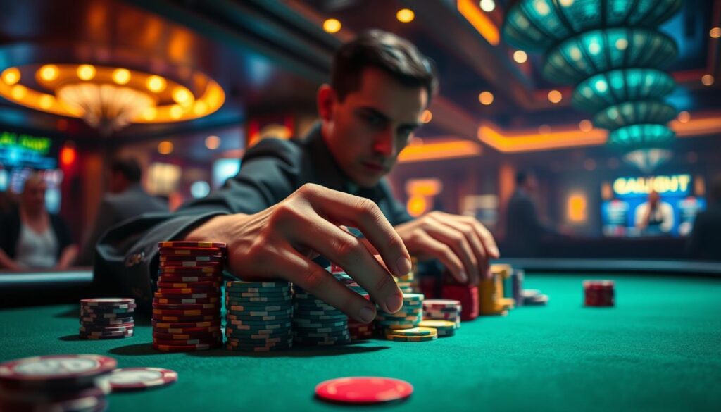 A dimly lit casino table, the green felt surface reflecting the warm glow of overhead lighting. Stacks of colorful casino chips are neatly arranged, ready for the high-stakes game of Baccarat. In the foreground, a player's hands carefully manipulate the chips, their expression focused and intense, conveying the importance of chip management and emotional control. The background is hazy, with the faint outlines of other players and the casino environment, creating a sense of immersion in the excitement of the game. The composition is balanced, with the player's hands and the chips as the central focal point, surrounded by the atmospheric setting.