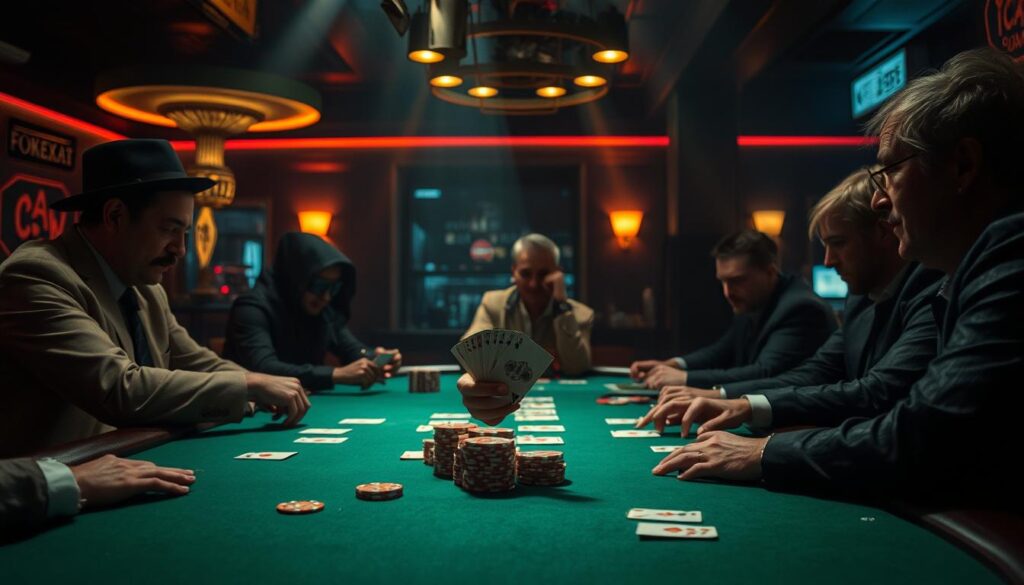 A dimly lit casino table, the green felt surface reflecting the warm glow of overhead lights. Crisp cards are dealt, chips clink as players strategize their next moves. In the center, the dealer's hand hovers, poised to reveal the fate of the bets. Shadows cast an air of mystery, as seasoned gamblers study the tableau, seeking the optimal play - whether to back the banker or go for the player's hand. The atmosphere is tense yet thrilling, a high-stakes dance of luck and skill. Capture the essence of this pivotal moment in the game of baccarat, where fortunes can be made or lost in a single hand.