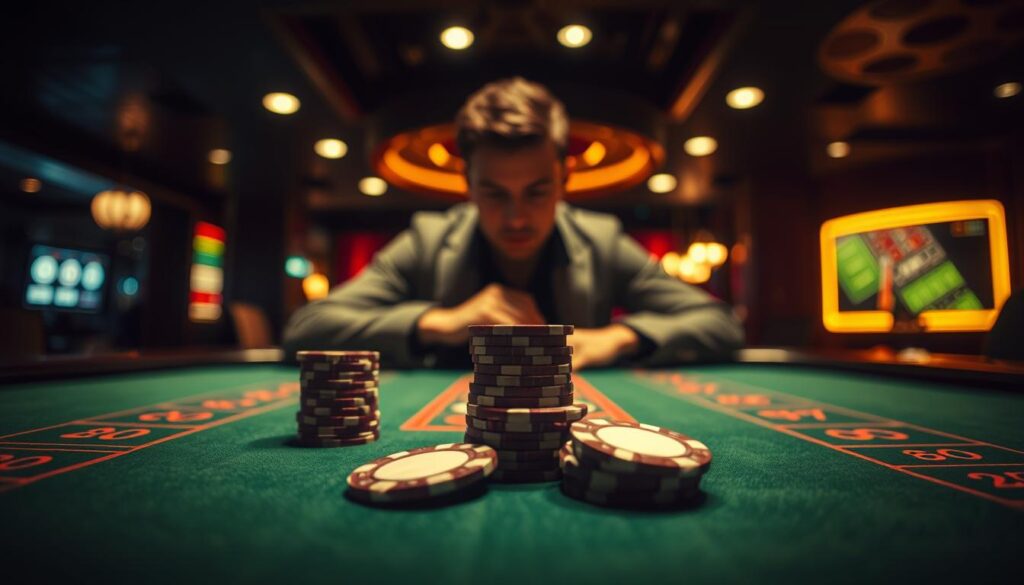A dimly lit casino table, the green felt surface reflecting the warm glow of overhead lights. In the center, a stack of casino chips, their edges crisp and gleaming. Across the table, a lone gambler, their face in deep concentration as they carefully adjust their betting pattern, implementing the renowned Martin Grail strategy. The scene exudes a sense of calculated risk and strategic decision-making, the air thick with the tension of the game. The table's surroundings are blurred, drawing the viewer's focus to the core of the action, where the gambler's skill and the system's efficacy are put to the test.