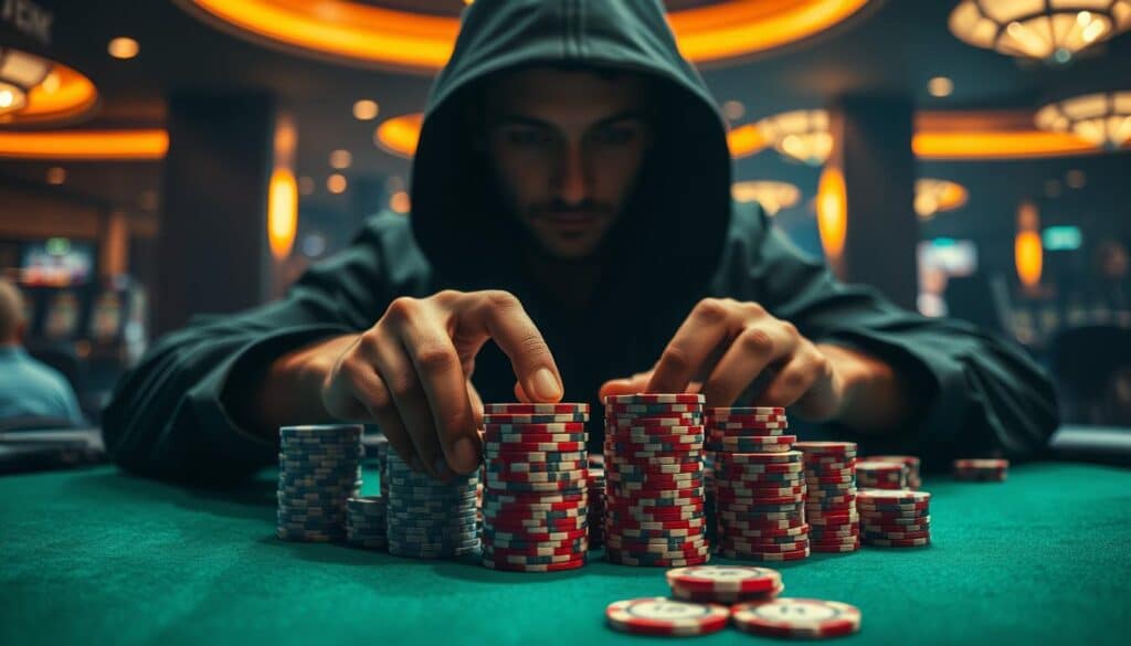 A dimly lit casino table, the green felt surface reflecting the warm glow of overhead lights. On the table, poker chips in various denominations are arranged in neat stacks, ready for the ebb and flow of a high-stakes game. In the foreground, a pair of hands meticulously arranging the chips, demonstrating the "反倍壓法" - a strategic technique of adjusting bet sizes to minimize losses and maximize profits. The player's face is obscured, their attention solely focused on the task at hand, the intensity of the moment captured in the intricate play of shadows and highlights. The background fades into the hazy atmosphere of the casino, adding a sense of mystery and tension to the scene.