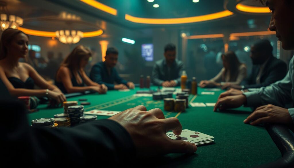 A dimly lit casino table, the green felt surface reflecting the warm glow of overhead lights. Stacks of casino chips in various denominations are neatly arranged, awaiting the strategic placement of bets. A dealer's hands expertly shuffle a deck of cards, the soft sound of shuffling mesmerizing the players gathered around the table. In the foreground, a single player's hand rests on the table, poised to make a decisive move, their face obscured in shadow, lost in the intensity of the game. The background is hazy, the other players' faces indistinct, their focus solely on the unfolding drama of the baccarat round. The scene conveys a sense of concentration, high stakes, and the thrill of the game.