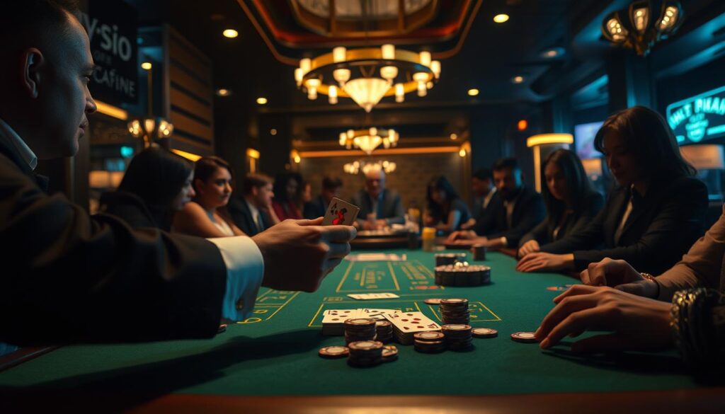 A dimly lit casino table, the green felt surface reflecting the warm glow of overhead lights. Elegant croupier's hands deftly shuffling and dealing a deck of cards, the familiar motions of the Baccarat game unfolding. The table is surrounded by attentive players, their faces a mix of concentration and anticipation as they await the outcome. The atmosphere is charged with a sense of ritual and chance, the air thick with the susurration of chips and the occasional murmur of excitement. The camera captures this tableau in a low, cinematic angle, highlighting the drama and tension of the moment.