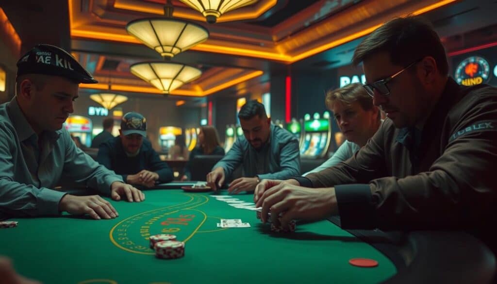 A dimly lit casino table, the green felt surface reflecting the warm glow of overhead lights. A dealer's hands deftly shuffling a deck of cards, their movements precise and practiced. Players lean in, their faces intense with concentration, as they strategize their next bets. The air is thick with anticipation, the sound of chips clinking and the occasional exclamation of triumph or disappointment. In the background, the muted hum of conversation and the distant chime of slot machines create a sense of immersion, transporting the viewer to the heart of a lively casino. This cinematic scene captures the essence of the "百家樂技巧" section, inviting the reader to visualize the thrill and challenge of this captivating game.