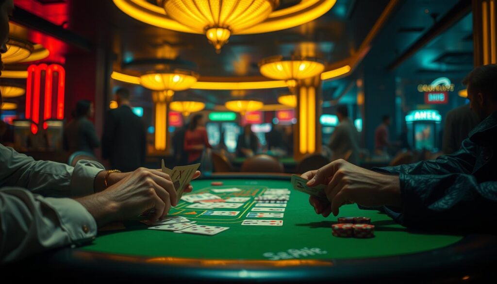 A dimly lit casino table, the green felt surface reflecting the warm glow of strategically placed overhead lighting. Skilled hands delicately manipulate cards, carefully considering the unfolding game of Baccarat. Tension builds as players study the tableau, weighing the odds, anticipating the next move. In the background, the muted chatter of casino patrons creates an ambient backdrop, heightening the sense of calculated risk and potential reward. The scene exudes an air of strategic contemplation, the players fully immersed in the nuanced dance of this time-honored game.