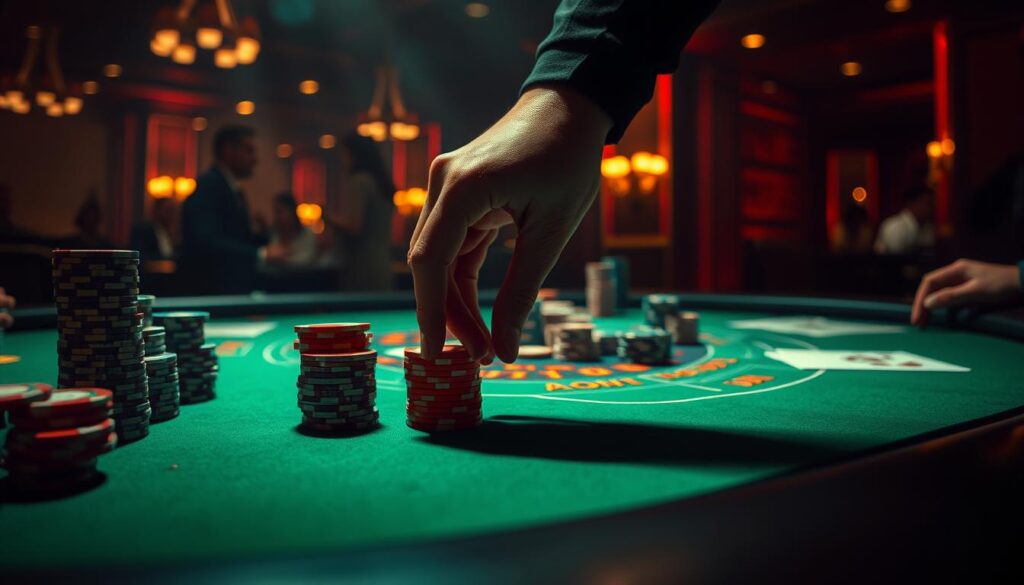 A dimly lit casino table, the green felt surface reflecting the warm glow of subtle overhead lighting. Stacks of casino chips in various denominations stand ready, awaiting the strategic placement of bets. In the foreground, a player's hand hovers, fingers poised to arrange the chips with precision, as they carefully consider their next move. The background is hazy, with the blurred silhouettes of other players and the faint sounds of shuffling cards and the clink of chips. An air of intense focus and anticipation permeates the scene, capturing the essence of a seasoned gambler's calculated approach to the game of baccarat.