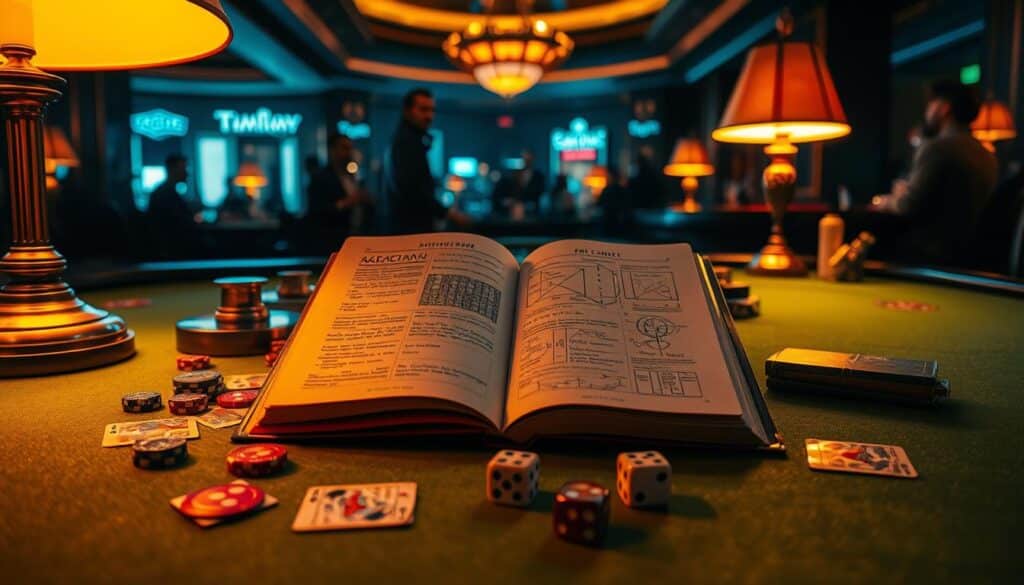 A dimly lit casino table, the green felt surface reflecting the warm glow of table lamps. Centered on the table is an open book, its pages covered in detailed hand-written notes and diagrams. Surrounding the book are various gaming tokens, cards, and a pair of dice, all neatly arranged. The scene is bathed in a soft, amber light, creating an atmosphere of focused study and strategic contemplation. In the background, the silhouettes of casino patrons can be seen, their attention absorbed by the game unfolding before them. The overall impression is one of deep analysis, the quest to uncover the secrets of baccarat's card patterns and probabilities.