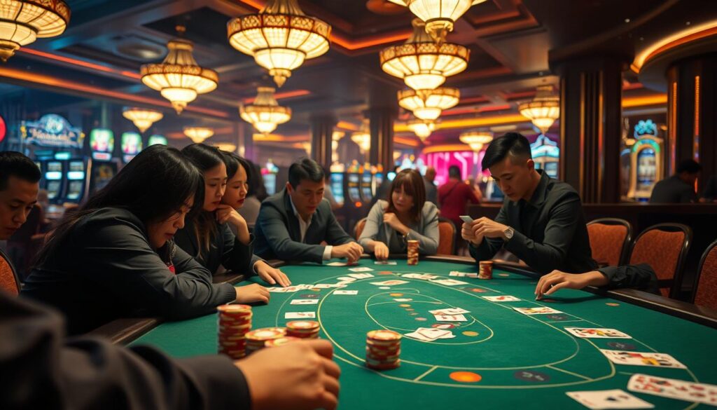A dimly lit casino table, the green felt surface reflecting the warm glow of the overhead chandeliers. Stacks of colorful chips stand at the ready, awaiting the dealer's expert shuffle. In the foreground, a group of focused Taiwanese players intently study the cards, their expressions a mix of concentration and anticipation. The background is a hazy blur of activity, with the faint sounds of slot machines and the murmur of conversation creating an immersive atmosphere. The camera angle is slightly elevated, giving a bird's-eye view of the captivating game of Baccarat unfolding before us, a testament to the skill and strategy of the Taiwanese players who have mastered this classic casino pastime.