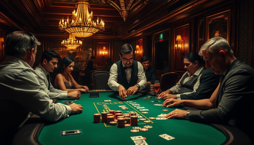 A dimly lit casino table, the green felt surface reflecting the warm glow of vintage chandeliers overhead. Elegant players sit around the table, their expressions intense as they study their cards and chips. The croupier, in a crisp white shirt and black vest, expertly shuffles and deals the cards with practiced precision. In the background, the hum of quiet conversation and the occasional click of chips create an atmosphere of excitement and anticipation. The scene captures the essence of the classic baccarat game, its timeless allure and the thrill of the high-stakes wager.