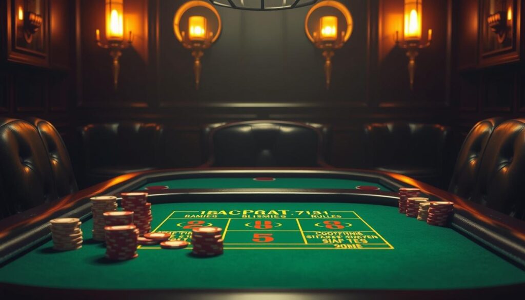 A dimly lit casino table, the green felt surface reflecting the warm glow of wall-mounted lamps. Crisp casino chips in various denominations are neatly stacked, ready for play. In the center, a classic baccarat table with a detailed diagram outlining the basic rules and gameplay. The table is surrounded by plush leather chairs, inviting players to take their seats and immerse themselves in the time-honored tradition of the 百家樂 game. A sense of anticipation and sophistication permeates the scene, setting the stage for an engaging exploration of the fundamental strategies that define this captivating casino classic.