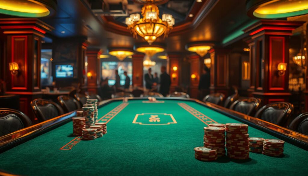 A dimly lit casino table, the green felt surface reflecting the warm overhead lighting. Ornate wooden frames line the table, adding a classic, luxurious ambiance. Stacks of casino chips in various denominations sit ready, inviting players to try their luck. The table is empty, but the anticipation lingers, as if the next high-stakes game is about to commence. In the background, the faint sounds of clinking glasses and hushed conversations create an atmosphere of excitement and mystery, setting the stage for an immersive Baccarat experience.