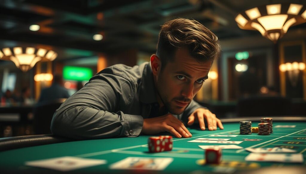 A dimly lit casino table, the green felt surface reflects the soft glow of strategically placed overhead lighting. On the table, cards, chips, and dice are arranged in a carefully calculated layout, hinting at the psychological complexity of the game of Baccarat. In the foreground, a lone player leans forward, brow furrowed in concentration, their gaze intense as they contemplate their next move. The background is blurred, creating a sense of focus and intensity, drawing the viewer's eye to the player's pensive expression and the subtle nuances of the game itself. The overall atmosphere is one of strategic contemplation, with the player's body language and the table's arrangement conveying the mental challenge and psychological aspect of this classic casino game.