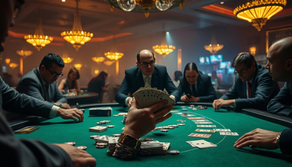 A dimly lit casino table, the green felt surface scattered with casino chips and playing cards. In the foreground, a dealer's hands expertly shuffling and dealing the cards, their movements fluid and precise. Around the table, players lean in, their faces illuminated by the warm glow of overhead chandeliers, expressions intense as they study their cards and consider their next moves. The background is hazy, creating a sense of atmosphere and intrigue, with the faint outlines of other gaming tables and the muted chatter of the casino. The lighting is atmospheric, casting dramatic shadows and highlights that emphasize the tension and excitement of the baccarat game.