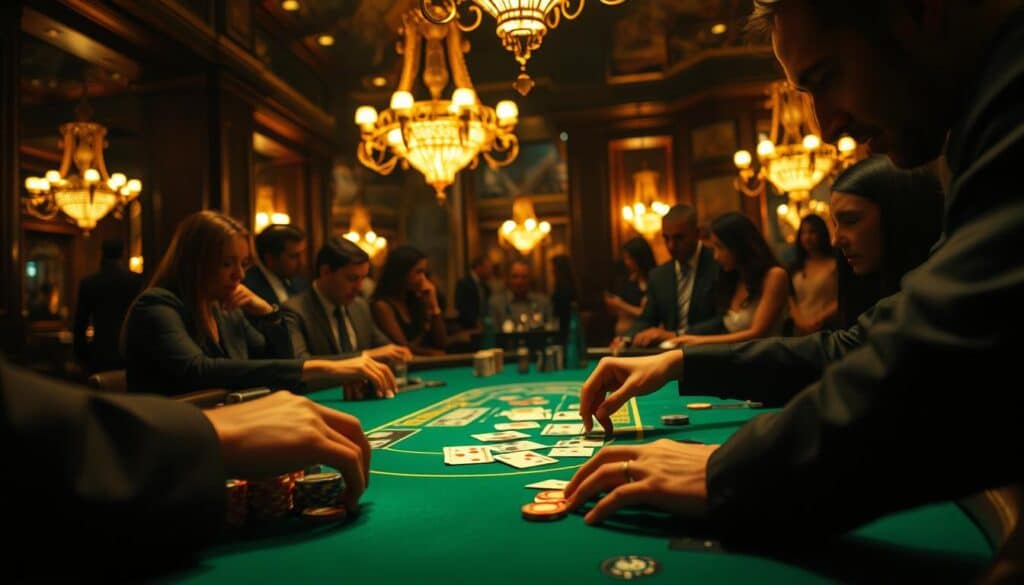 A dimly lit casino table, the green felt surface scattered with casino chips and playing cards. In the foreground, a person's hands carefully arranging their bets, deep in concentration. The table is surrounded by onlookers, their faces illuminated by the soft glow of the overhead chandeliers. The atmosphere is one of intense focus and anticipation, as the player contemplates their next move in the classic game of Baccarat. The scene is captured from a low angle, emphasizing the drama and tension of the moment. The lighting is warm and atmospheric, creating a sense of mystery and intrigue.