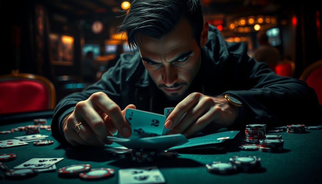 A dimly lit casino table, the green felt surface scattered with playing cards and poker chips. In the center, a skilled gambler intently focuses, their eyes scanning the cards, calculating the odds with razor-sharp precision. The air is thick with tension, the gambler's brow furrowed in deep concentration, their fingers deftly manipulating the cards, reading the patterns and anticipating the next move. Dramatic chiaroscuro lighting casts dramatic shadows, highlighting the gambler's intense expression and the intricate details of the cards and chips. The background is blurred, drawing the viewer's attention to the focal point of the skilled card counting technique.