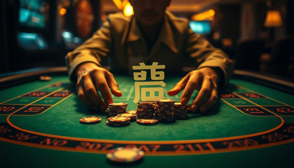 A dimly lit casino table, the green felt surface shimmering under warm, golden lighting. In the center, a pair of hands carefully manipulating casino chips, the iconic "馬丁格爾投注法" visually depicted through the strategic placement and stacking of the chips. The background blurs softly, drawing the viewer's focus to the intricate technique unfolding on the table. The atmosphere is one of intense concentration, the player's face obscured, allowing the viewer to imagine themselves in their shoes, contemplating the next move in this high-stakes game of chance and strategy.