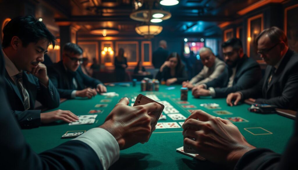 A dimly lit casino table, the green felt surface stretched out before a group of players eagerly engaged in a game of Baccarat. Soft, warm lighting casts a subtle glow, creating an intimate atmosphere. In the foreground, the dealer's hands deftly deal the cards, their movements precise and practiced. The players, their faces focused and intent, study the cards as they are revealed, strategizing their next moves. In the background, the hum of hushed conversations and the occasional clink of chips add to the ambiance. The scene captures the captivating essence of the classic casino game, inviting the viewer to explore the fundamental rules and strategies that govern this time-honored tradition.