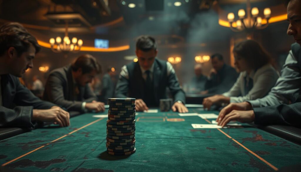A dimly lit casino table, the green felt worn and stained, surrounded by players hunched over their cards. In the foreground, a stack of chips sits precariously, a tell-tale sign of an inexperienced gambler. The dealer, eyes keen and expression neutral, oversees the proceedings with practiced precision. In the background, a hazy atmosphere of smoke and the muted chatter of patrons create a sense of tension and excitement. The lighting, a mix of warm overhead lamps and the cool glow of the table's edge, casts dramatic shadows, emphasizing the high stakes and potential for costly mistakes. This scene captures the essence of common errors made by those new to the game of baccarat, a cautionary tale of the pitfalls that await the unwary.