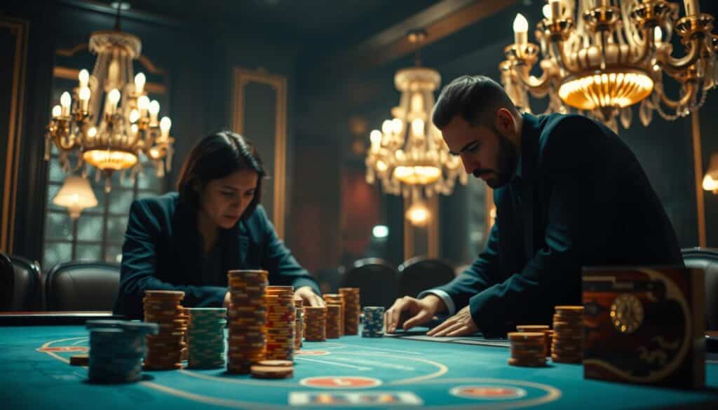 A dimly lit casino table, the surface gleaming under soft overhead lighting. Wooden chips in a range of colors are stacked neatly, awaiting the roll of the dice. Two players lean in, their faces cast in shadows as they carefully consider their next moves. The air is thick with anticipation, the sound of cards shuffling and chips clinking punctuating the hushed atmosphere. In the background, ornate chandeliers cast a warm glow, hinting at the elegance and history of the classic game of Baccarat, also known as Pai Gow or "百家樂遊戲". The scene evokes the thrill and strategy of this time-honored casino pastime.