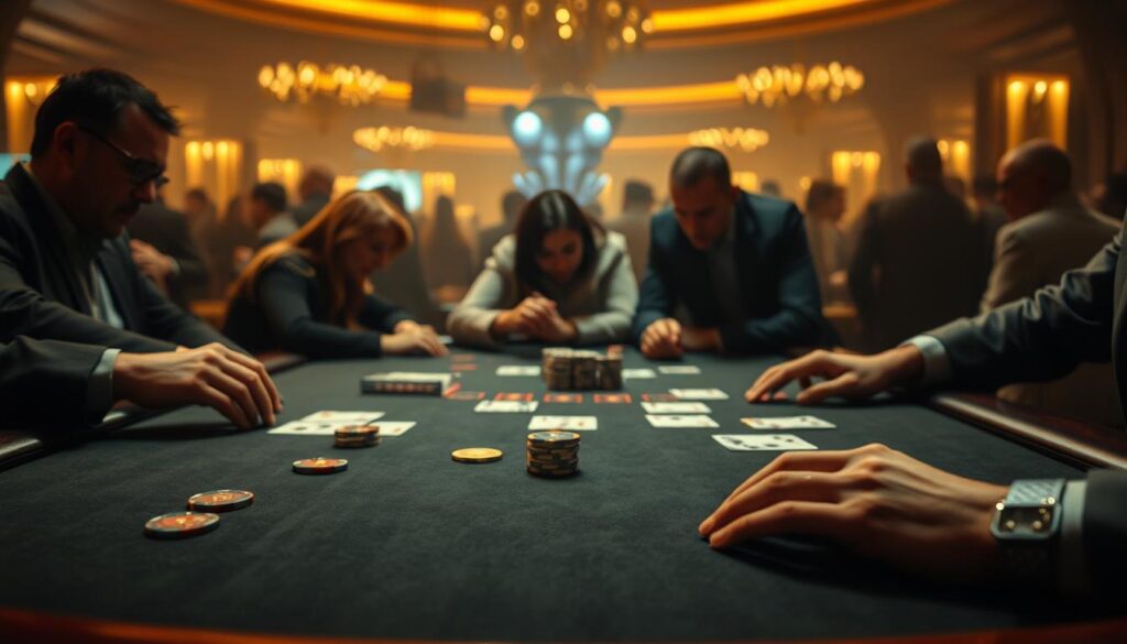 A dimly lit casino table with a felt surface, chips, and cards in the foreground. The dealer's hands are visible, deftly manipulating the cards. In the middle ground, players lean in, their faces focused and intent. The background is hazy, suggesting the bustling energy of a crowded gaming hall. Warm, golden lighting casts a cozy, inviting atmosphere, while the sharp angles of the table and cards create a sense of precision and strategy. The scene conveys the skill, concentration, and thrill of the baccarat game.