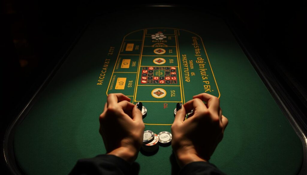 A dimly lit casino table with a felt surface in a soft green hue, the edges trimmed in gold. Atop the table, a detailed layout of the baccarat gaming area, with distinct zones for the Player, Banker, and Tie bets. Subtle lighting casts dramatic shadows, highlighting the intricate patterns and contours of the table. In the foreground, a pair of elegant hands holding casino chips, contemplating the odds and potential payouts. The atmosphere is one of tension and anticipation, as the player strategizes their next move. The background is slightly blurred, keeping the focus on the central gaming area and the critical decision-making process.