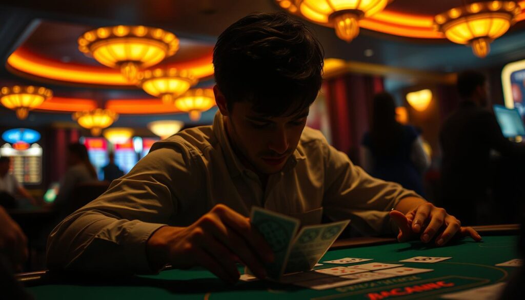 A dimly lit casino table, with a focused player intently studying the cards before them. The green felt surface reflects the warm glow of overhead lighting, creating a sense of intensity and concentration. The player's face is obscured, leaving their expression and emotions a mystery, inviting the viewer to imagine their thoughts and insights. In the background, the faint silhouettes of other players and dealers can be seen, creating a sense of the bustling atmosphere of the casino. The image conveys the private world of the individual player, their personal strategies and experiences within the broader context of the game of Baccarat.