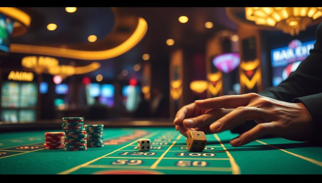 A dimly lit casino table with a green felt surface, a stack of casino chips, and a pair of hands rolling dice against a backdrop of blurred casino decor. The scene is captured with a shallow depth of field, creating a sense of focus on the calculating process of the baccarat odds. The lighting is warm and atmospheric, casting a golden glow over the table. The camera angle is slightly elevated, giving the viewer a perspective of observing the game from above. The overall mood is one of concentration and strategic decision-making, reflecting the intricate calculations involved in maximizing the baccarat house edge.