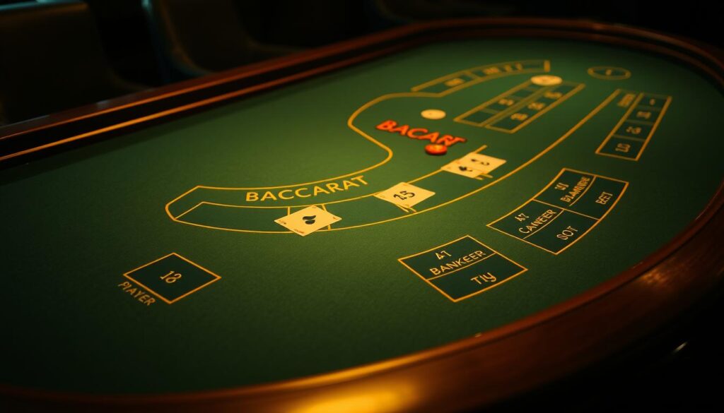 A dimly lit casino table with a green felt surface and a curved wooden edge. The layout of the baccarat table is meticulously detailed, with distinct areas for the player, banker, and tie bets. Delicate gold trimmings accent the corners, creating an elegant and sophisticated atmosphere. Subtle lighting casts a warm glow, casting shadows that accentuate the table's contours. The perspective is slightly elevated, allowing the viewer to take in the full layout and rules of the game. A sense of anticipation and strategy pervades the scene, inviting the viewer to explore the intricacies of this classic casino game.