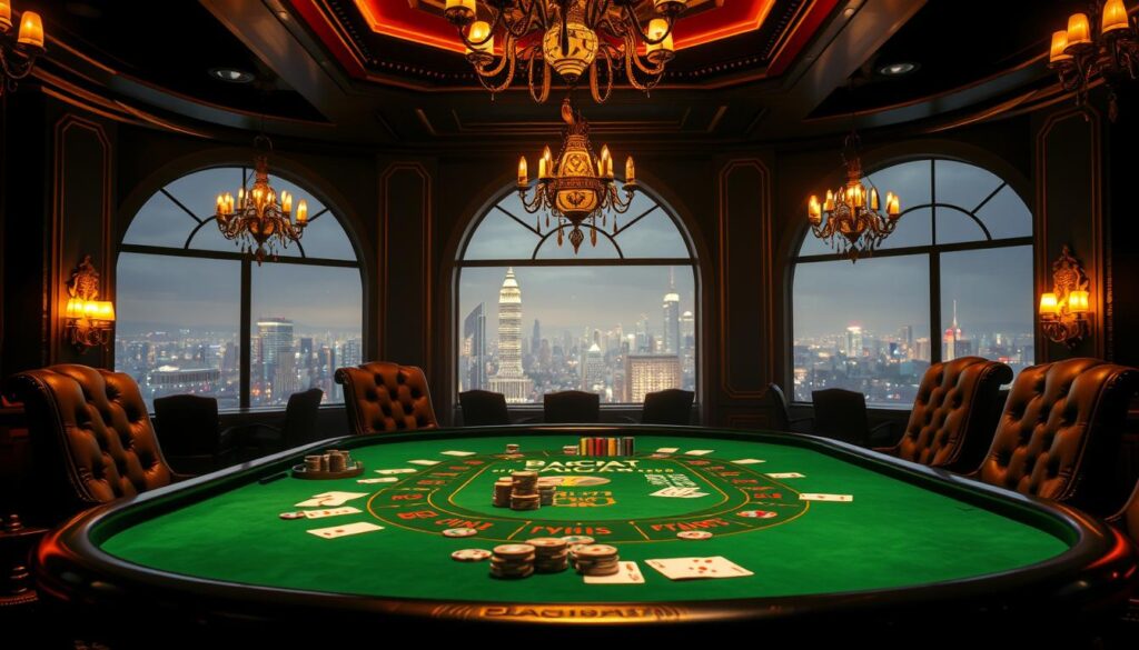 A dimly lit casino table, with a green felt surface and gilded edges, is the centerpiece of the scene. Dealt cards, casino chips, and a single hand gesture suggest the strategic gameplay of baccarat. The table is surrounded by plush, high-backed chairs, creating an intimate, exclusive atmosphere. Warm, ambient lighting from ornate chandeliers and sconces casts a golden glow, highlighting the elegant, luxurious setting. In the background, a panoramic view of a bustling city skyline can be seen through large, arched windows, adding depth and a sense of place. The overall composition conveys a sense of refined sophistication and the thrill of high-stakes gaming.