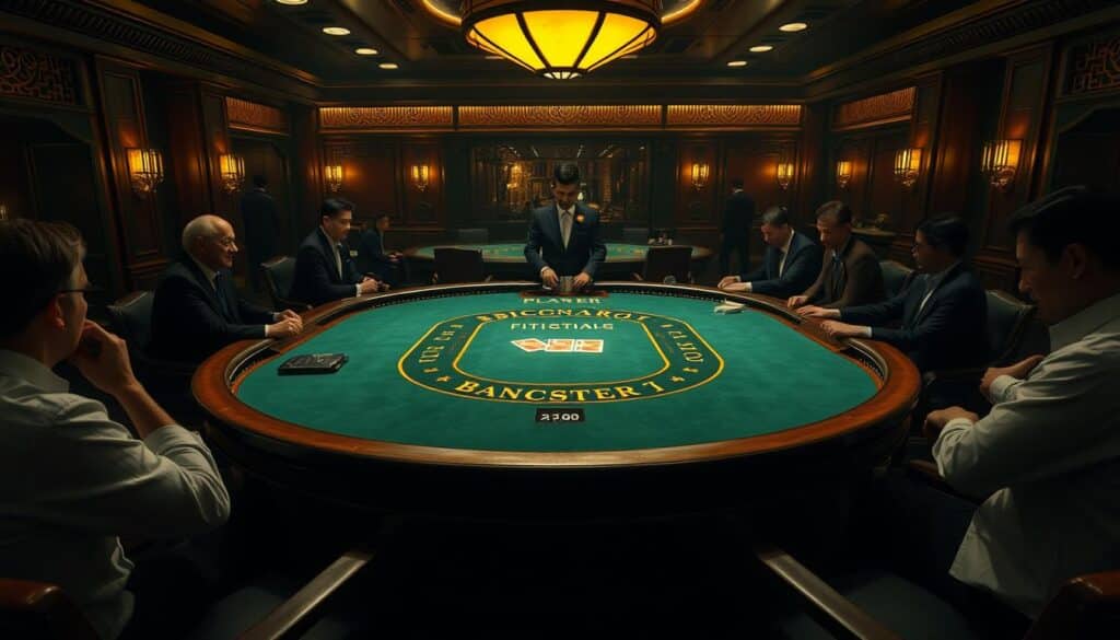 A dimly lit casino table with a green felt surface and ornate wooden trim. The table is surrounded by players intently focused on the game, their faces illuminated by the soft glow of the overhead lighting. In the center, a classic baccarat layout with clear markings for the player, banker, and tie bets. Dealers in crisp uniforms stand ready to guide the gameplay. The scene exudes an air of sophisticated elegance and anticipation, capturing the essence of the ancient Chinese gambling tradition of baccarat.