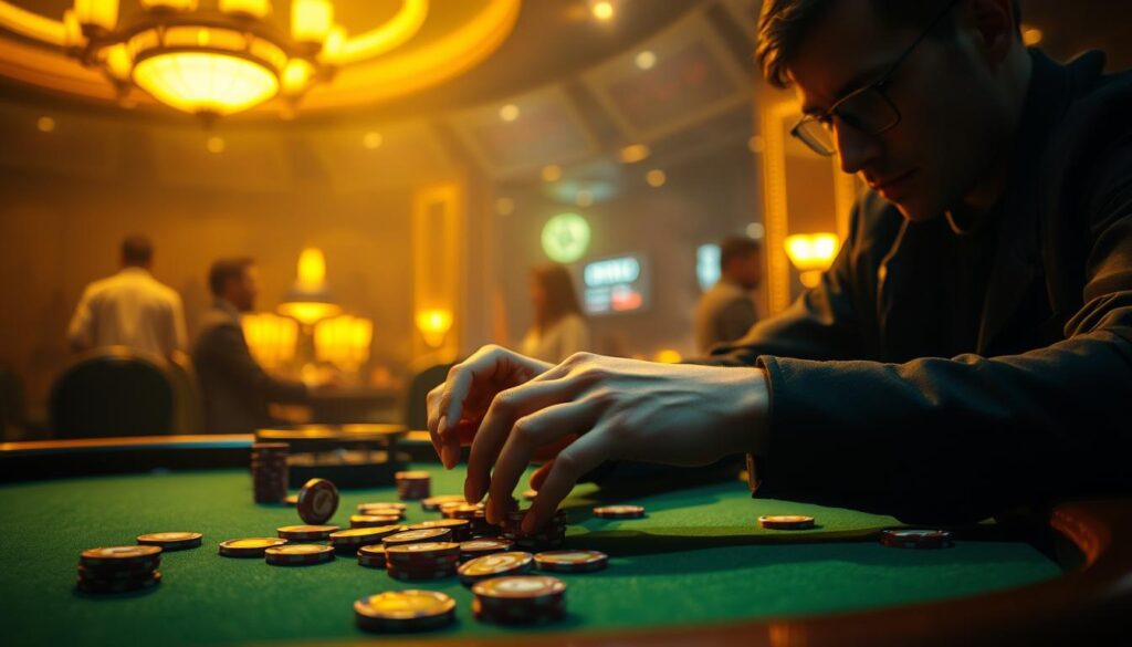 A dimly lit casino table, with a green felt surface and polished wooden edges. The overhead lighting casts a warm, atmospheric glow, creating shadows that accentuate the gleam of the casino chips scattered across the table. In the foreground, a player's hands delicately arrange their betting chips, their expression focused and determined, as they contemplate their next strategic move. The background is hazy, suggesting the hustle and bustle of the casino environment, with the faint silhouettes of other players and dealers in the distance. The scene conveys a sense of tension and anticipation, as the player seeks to master the intricate "百家樂投注技巧" and gain the upper hand in this high-stakes game.