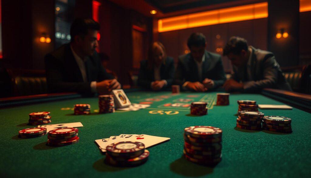 A dimly lit casino table with a green felt surface, illuminated by warm overhead lighting casting dramatic shadows. On the table, stylized playing cards and casino chips in shades of red, black, and gold are meticulously arranged, hinting at the intricate strategies and techniques of Baccarat gameplay. In the background, the hazy silhouettes of players lean in, concentrated expressions on their faces as they contemplate their next move. The scene exudes an air of sophisticated intensity, capturing the essence of the "百家樂遊戲技巧" featured in the article.
