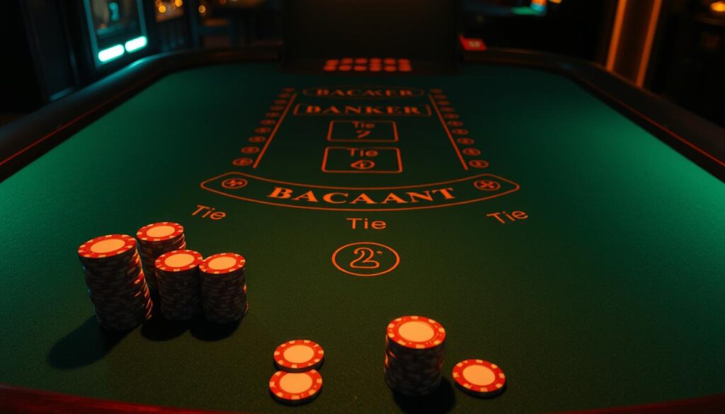 A dimly lit casino table with a green felt surface, illuminated by warm overhead lighting. On the table, the distinctive layout of a Baccarat game, with the Banker, Player, and Tie bet areas clearly defined. Stacks of casino chips in various denominations sit neatly arranged, casting soft shadows. The table's wooden edges are polished, and the environment exudes an air of sophistication and anticipation, inviting the viewer to explore the rules and strategies of this classic casino game.
