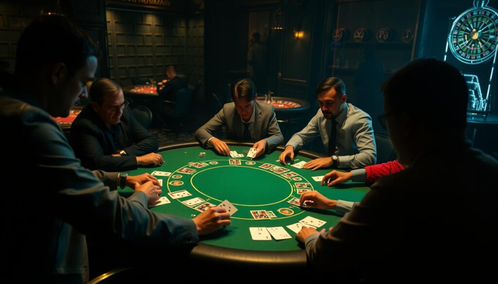 A dimly lit casino table with a green felt surface, surrounded by a handful of focused players engaged in an intense game of Baccarat. Subtle lighting casts dramatic shadows, highlighting the concentration on their faces. The dealer's hands skillfully shuffle and deal the cards, their movements precise and deliberate. In the background, the faint sounds of roulette wheels and muted conversation create an immersive atmosphere of strategic gameplay. The scene conveys a sense of experienced players honing their techniques, their intuition guiding them towards profitable decisions amidst the high-stakes environment.