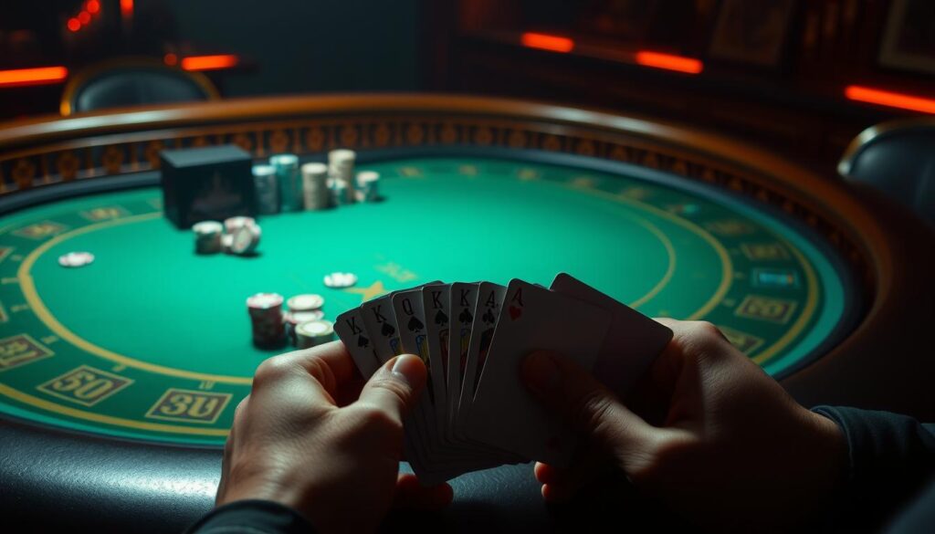 A dimly lit casino table with a green felt surface, surrounded by an ornate wooden frame. On the table, a stack of casino chips in varying denominations, arranged neatly. In the foreground, a pair of hands holding a deck of playing cards, the cards partially obscured, hinting at the strategic thinking required to master the game of baccarat. The lighting is warm and atmospheric, creating a sense of suspense and anticipation. The overall composition conveys the idea of skill, strategy, and the pursuit of victory in the thrilling world of baccarat.
