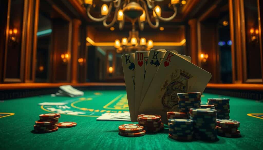 A dimly lit casino table with a green felt surface, surrounded by elegant wooden frames. On the table, crisp playing cards are arranged in a fan, their intricate designs illuminated by warm, subtle lighting. Overhead, a chandelier casts a gentle glow, creating a sophisticated and inviting atmosphere. In the foreground, casino chips in various denominations are stacked neatly, hinting at the strategic calculations needed to master the game of Baccarat. The background is slightly blurred, keeping the focus on the table and its essential elements, capturing the essence of "百家樂必勝法" and the analytical approach to achieving consistent winnings.