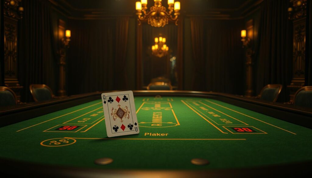 A dimly lit casino table with a green felt surface, surrounded by luxurious velvet curtains and ornate wooden trimmings. The table is adorned with a classic baccarat layout, with clear markings for the player, banker, and tie bets. Subtle lighting casts a warm glow, highlighting the intricate details of the casino setting. A pair of elegant, gilded baccarat cards are prominently displayed, showcasing the classic playing card suits and values. The overall atmosphere evokes the timeless elegance and excitement of the baccarat gaming experience.