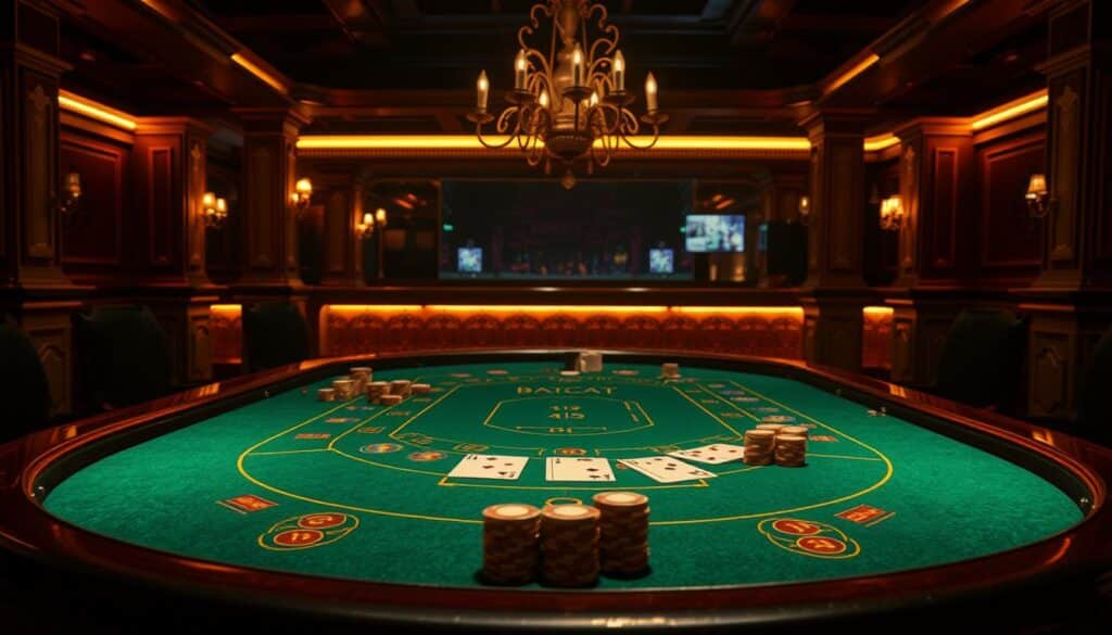 A dimly lit casino table with a green felt surface, surrounded by ornate wooden rails and gold accents. The cards and chips are arranged in an orderly fashion, evoking the classic ambiance of Baccarat. The lighting is warm and softly illuminates the scene, creating a sense of elegance and sophistication. In the background, a ornate chandelier hangs overhead, casting a gentle glow over the table. The overall composition conveys the timeless allure and refined atmosphere of the Baccarat gaming experience.