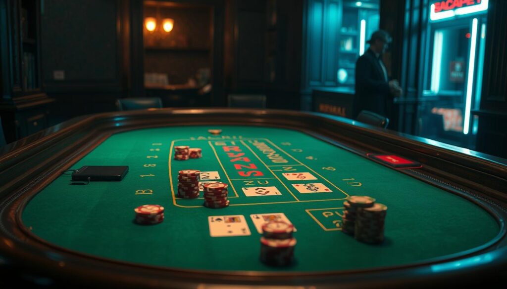 A dimly-lit casino table with a green felt surface, surrounded by ornate wooden trimmings. On the table, a classic baccarat layout is visible, with clearly marked areas for betting on the player, banker, and tie. A few stacks of casino chips in various denominations sit neatly on the table, hinting at the strategic decisions required. The lighting casts a warm, inviting glow, creating an atmosphere of sophisticated gameplay. In the background, a sense of anticipation and concentration can be felt, as the skill and chance of baccarat come together in a delicate balance.