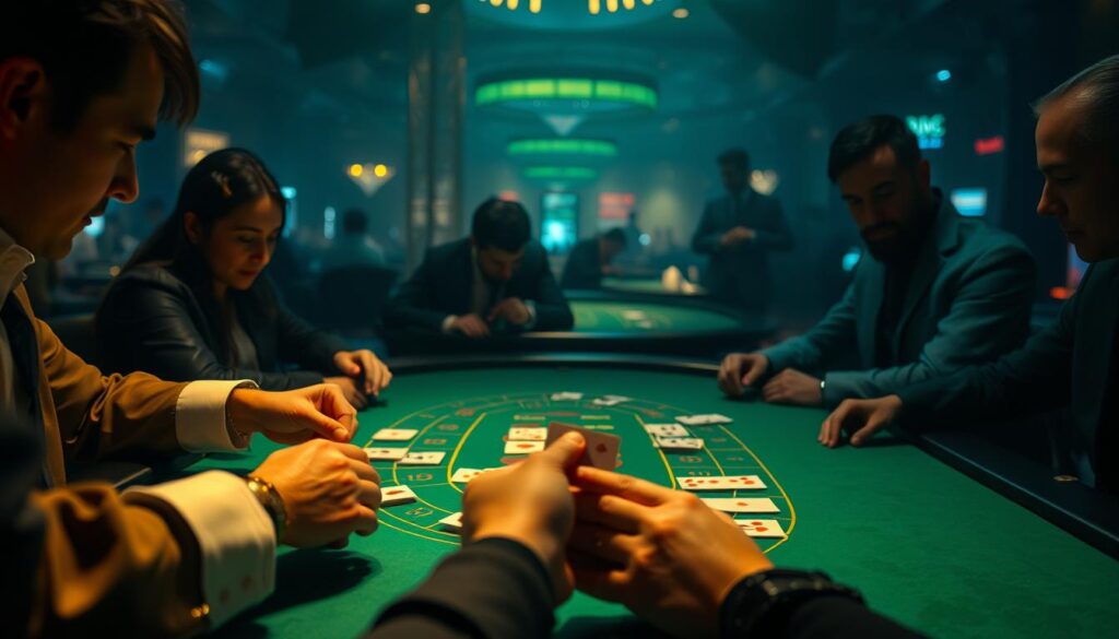 A dimly lit casino table with a green felt surface, surrounded by players engaged in an intense game of Baccarat. The table is illuminated by soft, warm lighting, casting shadows across the players' faces, heightening the sense of concentration and strategy. In the foreground, a dealer's hands deftly shuffle and deal the cards, while the players lean in, their expressions a mix of anticipation and calculation. The background is hazy, with the faint outline of other gaming tables and the bustling energy of the casino floor, creating a sense of immersion and the thrill of high-stakes gameplay.
