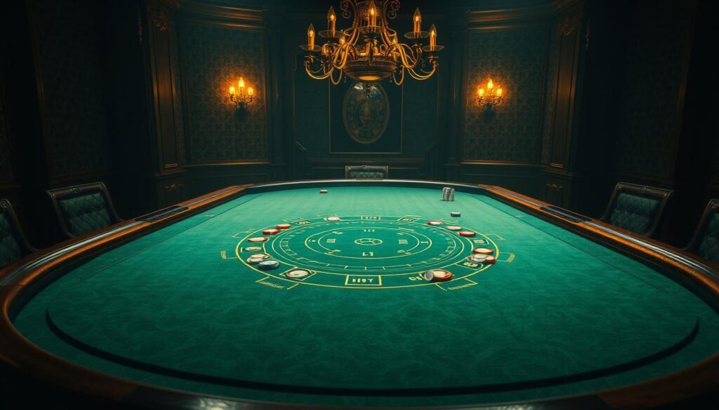 A dimly lit casino table with a green felt surface, surrounded by wooden frames and brass trimmings. The table features a centered circular layout with distinct betting areas and chips scattered across its surface. In the background, a luxurious chandelier casts a warm, golden glow, and the walls are adorned with elegant wallpaper patterns. The scene conveys a sense of sophisticated gaming, inviting the viewer to immerse themselves in the rules and dynamics of the classic Baccarat game.