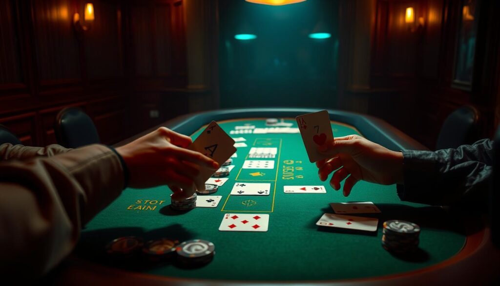 A dimly lit casino table with a green felt surface, surrounded by wooden paneled walls. The cards and chips are meticulously arranged, highlighting the rules and calculations involved in the game of baccarat. The dealer's hands are poised, ready to reveal the cards and tally the points. The atmosphere is one of concentration and strategic thinking, as players scrutinize the cards and make decisions based on the evolving score. Soft, warm lighting casts shadows, creating a sense of depth and drama. The image conveys the cerebral nature of baccarat, where mastering the point count is crucial to success.