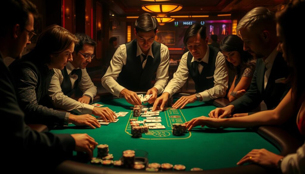 A dimly lit casino table with a green felt surface, the edges dotted with an array of betting chips in various denominations. The dealer, dressed impeccably in a crisp white shirt and black vest, attentively shuffles a deck of cards, their movements precise and practiced. Around the table, players lean in, faces alight with anticipation, as they study their cards and contemplate their next move. The lighting casts a warm, golden glow, creating an air of sophistication and excitement. The scene is one of strategic decision-making, with the players weighing their options and weighing the odds, all in pursuit of the thrill of the 百家樂game.