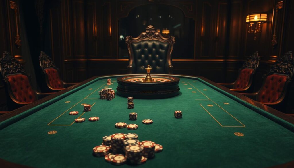 A dimly lit casino table with a green felt surface, the edges lined with ornate carved wood. Gleaming casino chips in various denominations are scattered across the tabletop, while a pair of dice and a small roulette wheel sit at the center. The table is flanked by richly upholstered chairs, creating an atmosphere of sophisticated leisure. Soft, warm lighting casts a golden glow, adding to the alluring ambiance. A high-backed dealer's chair sits at one end, inviting the player to take their seat and begin their journey into the thrilling world of baccarat.